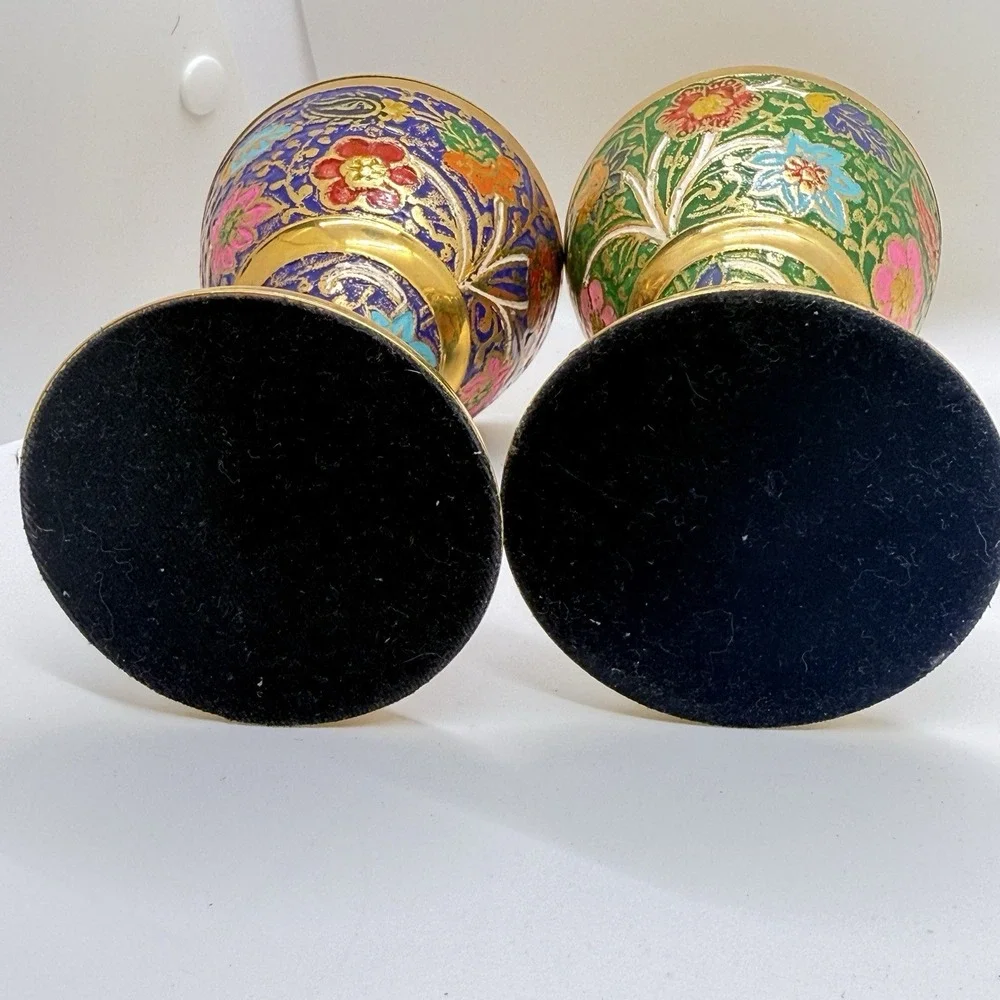 Vintage Brass Meenakari Enamel Bakhoor Burners Pair Floral Chalice Altar Decor